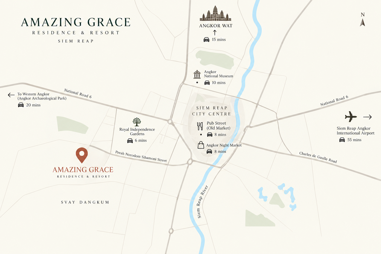 Map showing Amazing Grace Residence & Resort location in Siem Reap, with nearby landmarks and travel times