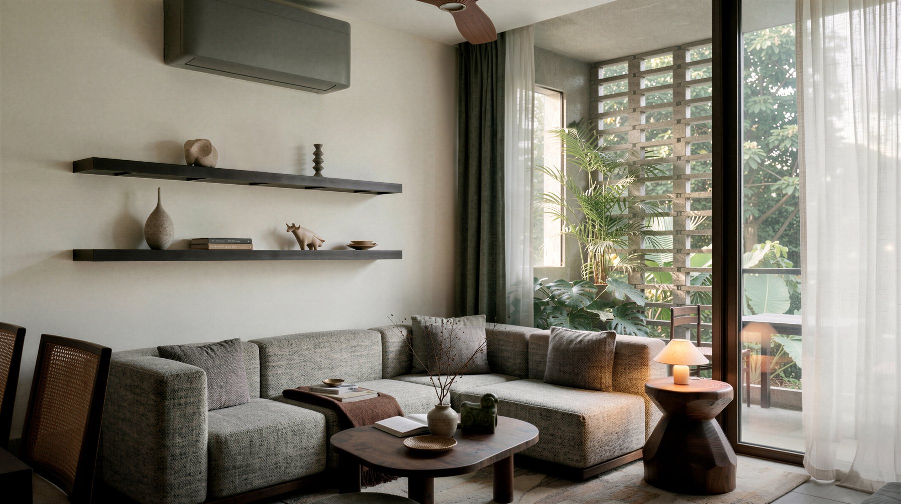 Living area of a one-bedroom residence opening onto the garden