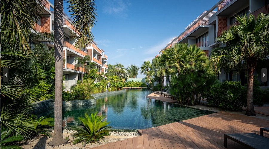Angkor Grace resort pool with palm-lined residences in Siem Reap