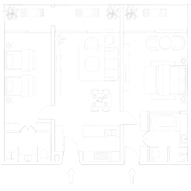 Line floor plan showing the dual-key residence, its two entrances and furniture layout