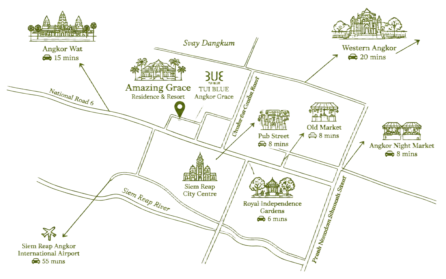 Map showing Amazing Grace Residence & Resort location in Siem Reap, with nearby landmarks and travel times